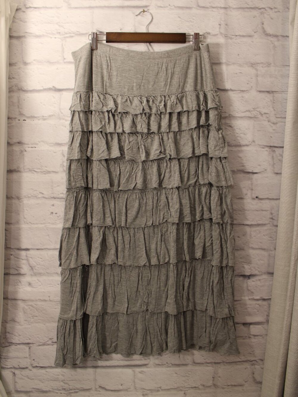 Soft Surroundings Gray Midi Skirt Layered Ruffle Pull On Fall Casual Boho Spring